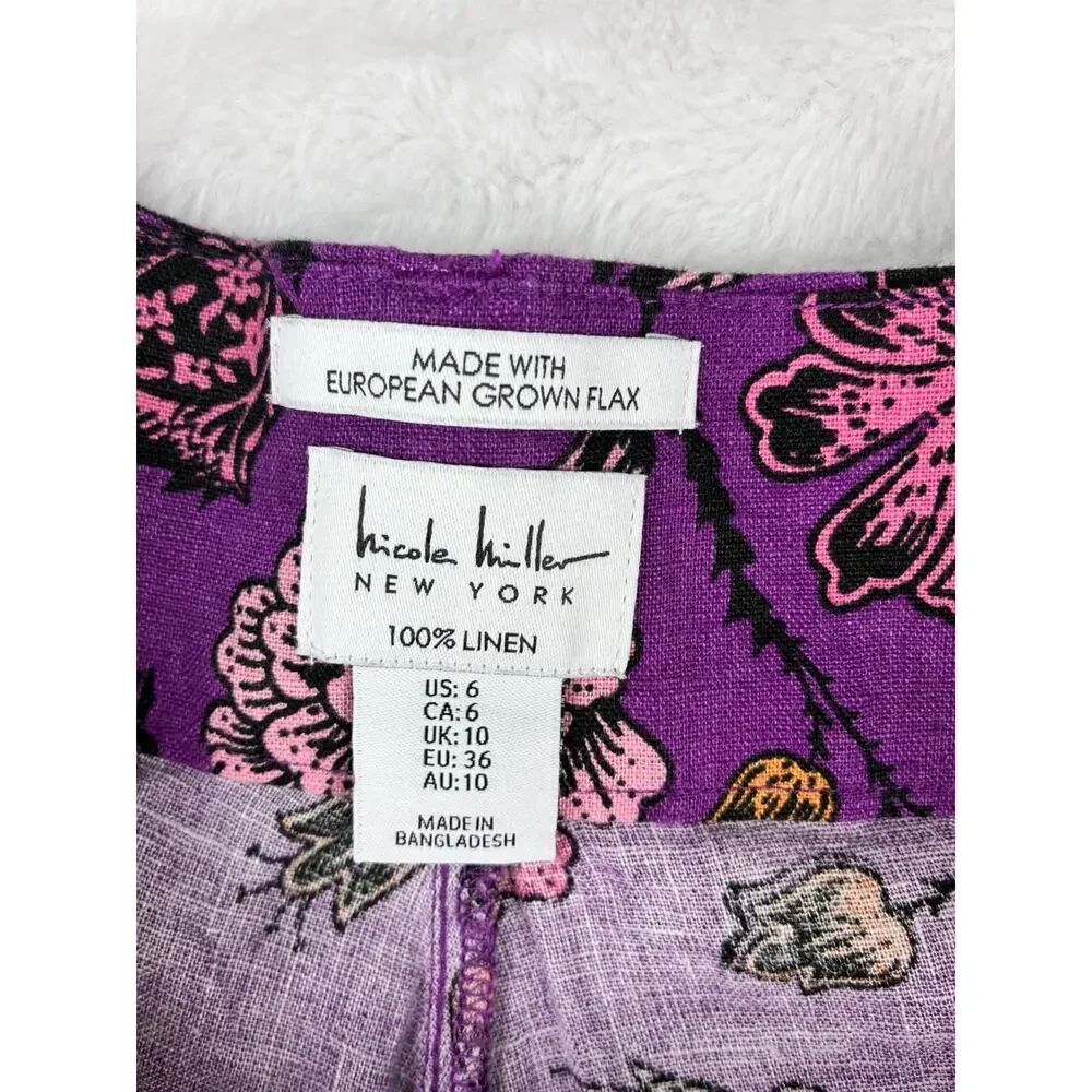 Nicole Miller New York Linen Shorts Womens 6 Purple Floral Print Belted Boho